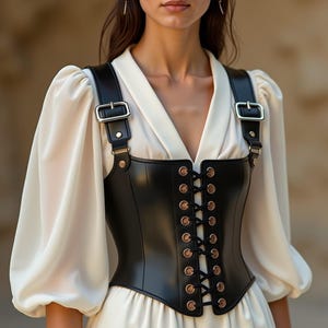 Women’s Black Genuine Leather Corset Vest | Adjustable Buckle Straps and Front Lace-Up Detail| Renaissance Steampunk Gothic Overbust Bustier