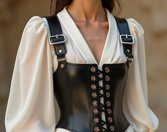 Chaleco corsé de cuero auténtico con correas de hebilla y cordones, estilo steampunk gótico.