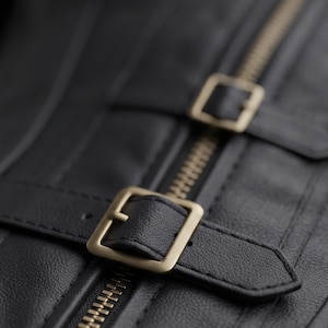May include: A black textured garment featuring a central vertical zipper with a metallic finish. Two horizontal straps with rectangular brass-toned buckles are attached across the zipper, secured with matching stitching on the black material.