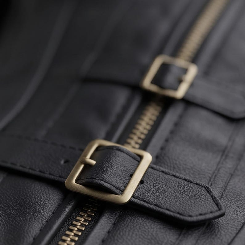 May include: A black textured garment featuring a central vertical zipper with a metallic finish. Two horizontal straps with rectangular brass-toned buckles are attached across the zipper, secured with matching stitching on the black material.