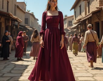 Regal Burgundy Renaissance Dress |Long Flowing Sleeves | Cinched Waist with Gently Pleated Skirt | Ideal for Historical Reenactments