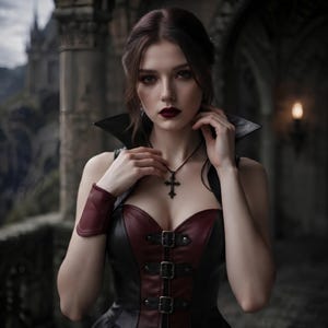 May include: A sleeveless corset top featuring a black and deep red color scheme with a high collar, three front buckle closures, and a matching wrist cuff. A dark metal cross pendant hangs from a thin black cord around the neck.
