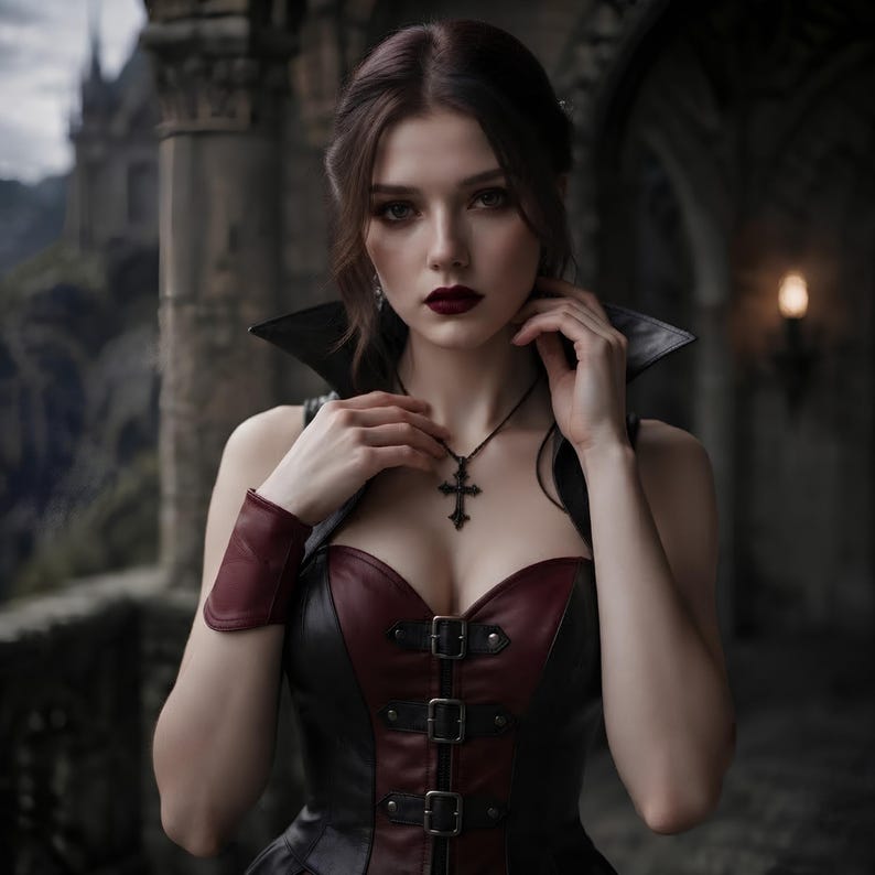 May include: A sleeveless corset top featuring a black and deep red color scheme with a high collar, three front buckle closures, and a matching wrist cuff. A dark metal cross pendant hangs from a thin black cord around the neck.