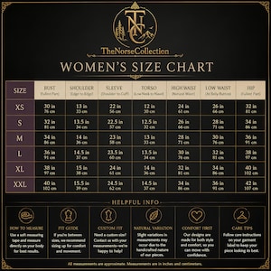 May include: A black and gold size chart titled TheNorseCollection Women's Size Chart. It displays measurements in inches and centimeters for sizes XS to XXL, covering bust, shoulder, sleeve, torso, high waist, low waist, and hip. Includes helpful info.
