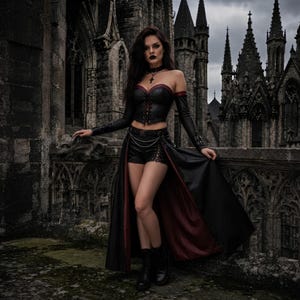 May include: A black corset top with a lace-up front, matching black shorts with side lacing, and a long open skirt featuring a deep red lining. The outfit includes long black arm sleeves, a choker with a cross pendant, and black boots.