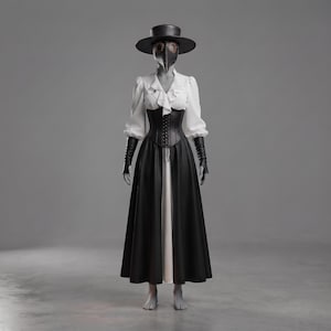 May include: A plague doctor costume featuring a black wide-brimmed hat and a bird-like beak mask. The outfit includes a white long-sleeved blouse with ruffles, a black lace-up corset, long black fingerless gloves, and a long black skirt over white.
