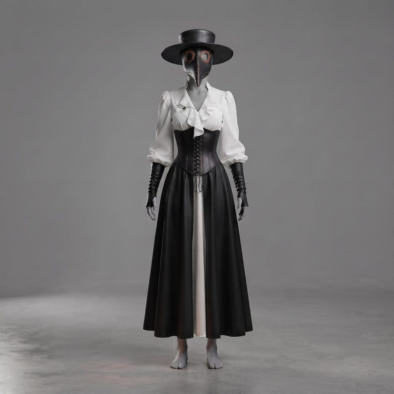 May include: A plague doctor costume featuring a black wide-brimmed hat and a bird-like beak mask. The outfit includes a white long-sleeved blouse with ruffles, a black lace-up corset, long black fingerless gloves, and a long black skirt over white.