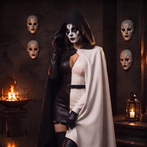 May include: A hooded cloak featuring a split black and white design, worn over a matching black and white fitted dress with a belt. The ensemble includes black leather gloves and thigh-high boots, complemented by dramatic black and white face makeup.