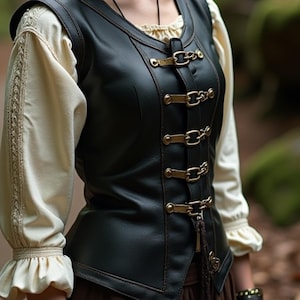 Women’s Black Leather Corset Vest | Premium Genuine Leather Bodice | Gothic Renaissance LARP Cosplay Corset | Adjustable Clasp Front Closure