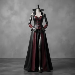 May include: A floor-length dress featuring a black and dark red color scheme. The bodice includes a high collar, a sweetheart neckline, and four front buckles. The skirt has a central slit, and the sleeves are fitted with matching forearm cuffs.