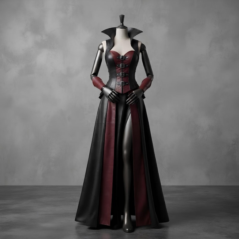 May include: A floor-length dress featuring a black and dark red color scheme. The bodice includes a high collar, a sweetheart neckline, and four front buckles. The skirt has a central slit, and the sleeves are fitted with matching forearm cuffs.