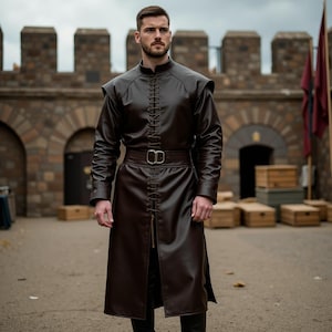 Men’s Brown Genuine Leather Laced Costume | Medieval Fantasy Long Coat | LARP Warrior Costume with Belt | Renaissance Viking Festival Outfit