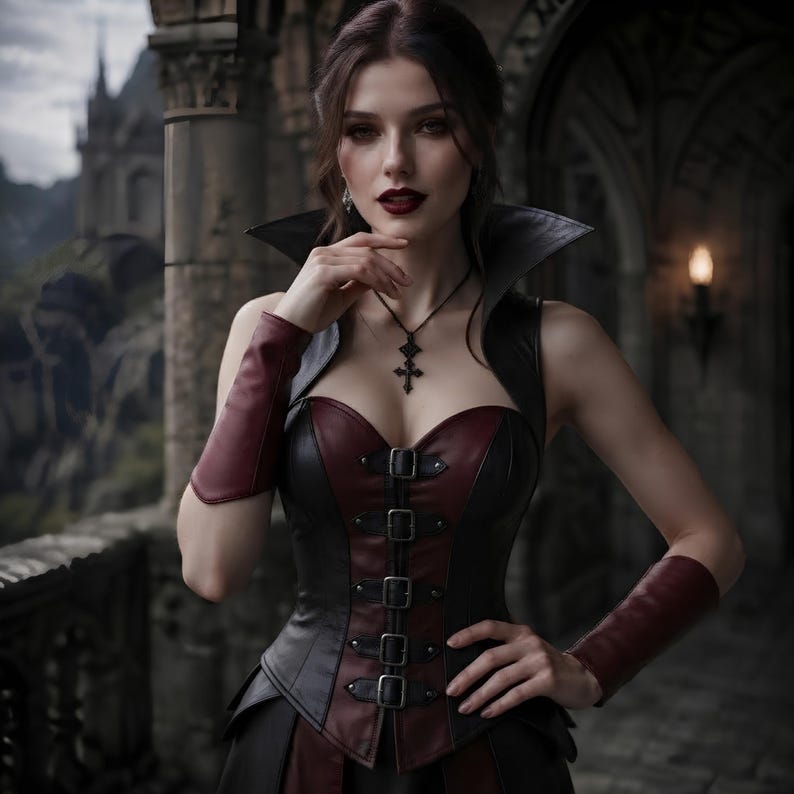 May include: A sleeveless corset top featuring a black and deep red color scheme with a high collar, front buckle closures, and matching forearm cuffs. The garment is paired with a dark cross pendant necklace on a thin black cord chain.