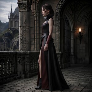 May include: A sleeveless floor-length dress featuring a high collar, a fitted bodice with vertical detailing, and a long skirt with a deep side slit. The garment is primarily black with a dark red panel visible beneath the skirt and on the cuffs.
