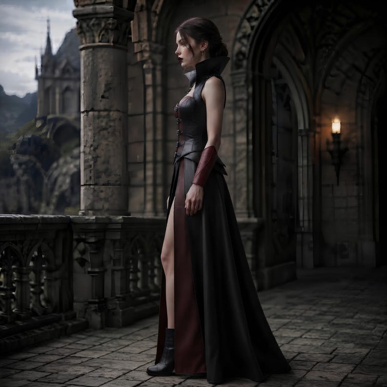 May include: A sleeveless floor-length dress featuring a high collar, a fitted bodice with vertical detailing, and a long skirt with a deep side slit. The garment is primarily black with a dark red panel visible beneath the skirt and on the cuffs.