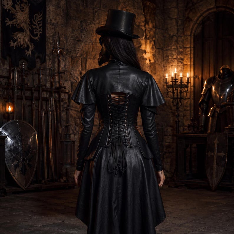 May include: A black leather-look outfit featuring a top hat, a long-sleeved jacket with short cape-like sleeves, and a corset-style bodice with a lace-up back closure. The garment is paired with a matching flared skirt, creating a cohesive ensemble.
