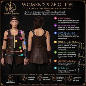 May include: A size guide infographic titled WOMEN'S SIZE GUIDE by TheNorseCollection. It features a front and back view of a brown leather-style vest with lacing, alongside seven numbered measurement points with instructions in inches and centimeters.