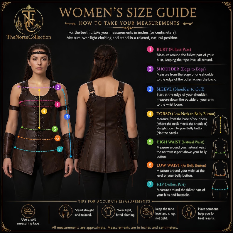 May include: A size guide infographic titled WOMEN'S SIZE GUIDE by TheNorseCollection. It features a front and back view of a brown leather-style vest with lacing, alongside seven numbered measurement points with instructions in inches and centimeters.
