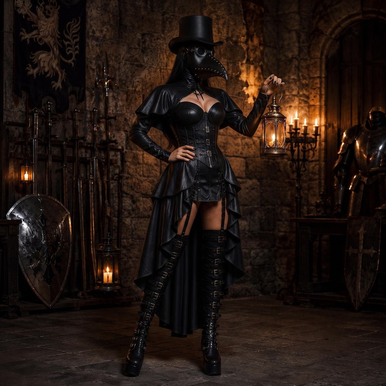 May include: A black plague doctor costume featuring a top hat, a bird-like beak mask, a strapless corset bodice, a high-low skirt with garter straps, and thigh-high buckled boots. The outfit is made of black material and includes a metal lantern.