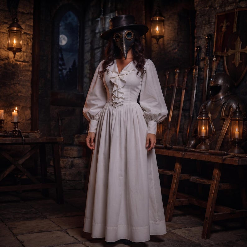 May include: A long-sleeved white dress featuring a ruffled front placket, a fitted bodice, and a full-length skirt. The attire is paired with a dark plague doctor mask with circular eye lenses and a wide-brimmed black hat, creating a historical look.