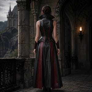 May include: A sleeveless floor-length dress made of black and dark red leather. The bodice features a high collar, a lace-up back closure with dark red cord, and a flared skirt with vertical red panels. Matching leather wrist cuffs are worn.