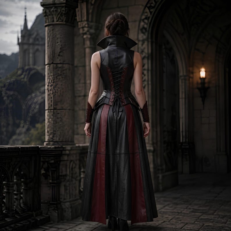May include: A sleeveless floor-length dress made of black and dark red leather. The bodice features a high collar, a lace-up back closure with dark red cord, and a flared skirt with vertical red panels. Matching leather wrist cuffs are worn.