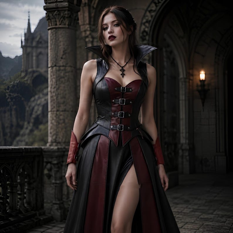 May include: A sleeveless dress featuring a black and dark red color scheme with a high collar, a corset-style bodice with four silver buckles, and a long skirt with a high front slit. The garment includes matching red wrist cuffs and a cross pendant.