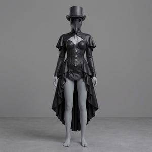 May include: A black plague doctor costume featuring a top hat, a bird-like beak mask, a cropped bolero jacket with long sleeves, a structured corset with front buckles, and a high-low skirt with ruffled layers and lace-up details on the front.