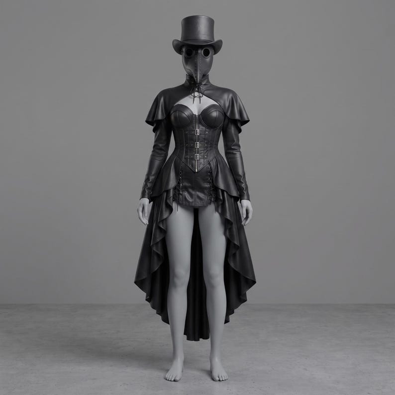 May include: A black plague doctor costume featuring a top hat, a bird-like beak mask, a cropped bolero jacket with long sleeves, a structured corset with front buckles, and a high-low skirt with ruffled layers and lace-up details on the front.