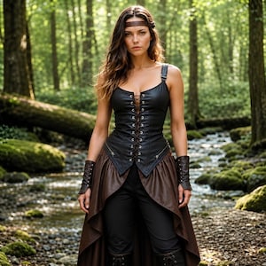 May include: A black leather-look corset top with front lacing and silver zippers, paired with a brown high-low skirt, black trousers, and matching leather-look wrist cuffs. A brown headband is worn across the forehead with long wavy hair.