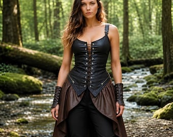 May include: A black leather-look corset top with front lacing and silver zippers, paired with a brown high-low skirt, black trousers, and matching leather-look wrist cuffs. A brown headband is worn across the forehead with long wavy hair.
