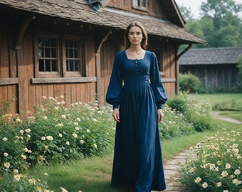 Enchanting Navy Blue Renaissance Gown | Elegant Lace-Up Front | Long Flowing Sleeves | Soft, Luxurious Fabric | Ideal for Historical Events