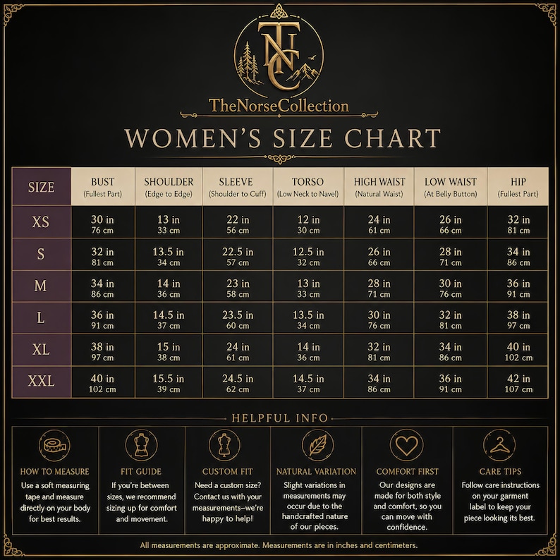 May include: A black and gold size chart for TheNorseCollection featuring a table with columns for bust, shoulder, sleeve, torso, high waist, low waist, and hip measurements in inches and centimeters for sizes XS through XXL, plus helpful info.