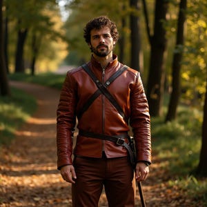 Men&#39;s Brown Leather Ranger Jacket | Medieval Warrior Cosplay Outfit | Crossbody Harness Adventure Coat | Fantasy Renaissance LARP Costume