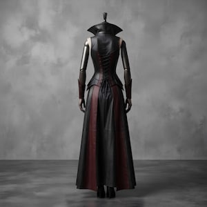May include: A floor-length sleeveless garment featuring a black bodice with a high collar and a lace-up back closure. The skirt consists of alternating black and dark red panels. The outfit includes matching black arm cuffs that extend to the elbows.