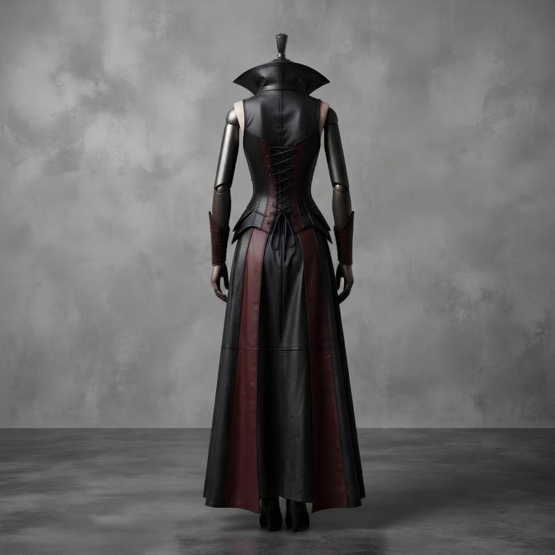 May include: A floor-length sleeveless garment featuring a black bodice with a high collar and a lace-up back closure. The skirt consists of alternating black and dark red panels. The outfit includes matching black arm cuffs that extend to the elbows.
