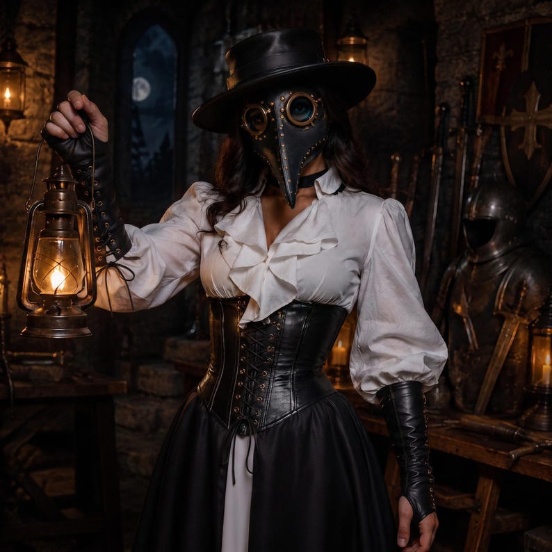 May include: A plague doctor costume featuring a black leather bird-like mask with brass-rimmed goggles, a wide-brimmed hat, a white ruffled blouse, a black lace-up corset, a long black skirt, and black fingerless leather gloves holding a metal lantern.