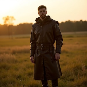 Men&#39;s Long Hooded Trench Coat | Viking Leather Medieval Cloak | LARP Double-Belted Fantasy Overcoat | Ranger LARP Adventure Costume |