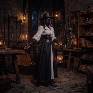 May include: A plague doctor costume featuring a black wide-brimmed hat, a bird-like beak mask with dark lenses, a white long-sleeved blouse with ruffles, a black lace-up corset, a long black skirt, and black fingerless gloves, holding a metal lantern.