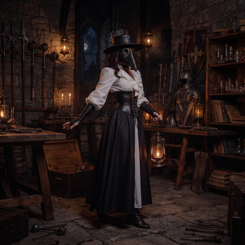 May include: A plague doctor costume featuring a black wide-brimmed hat, a bird-like beak mask with dark lenses, a white long-sleeved blouse with ruffles, a black lace-up corset, a long black skirt, and black fingerless gloves, holding a metal lantern.