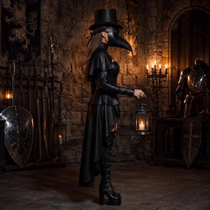 May include: A black plague doctor costume featuring a top hat, a long-beaked mask, a fitted leather-look jacket with a high-low hemline, and tall lace-up platform boots. The outfit is completed by a handheld metal lantern with a lit candle.