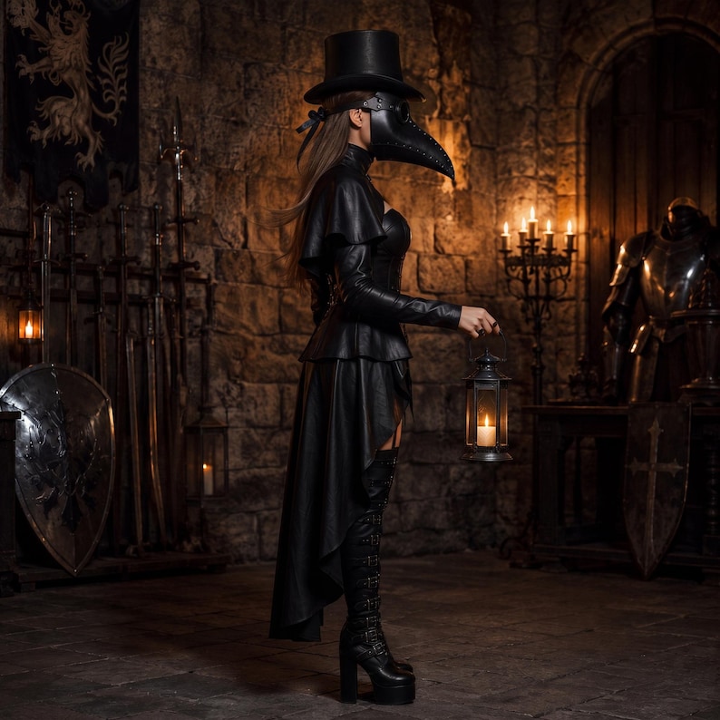 May include: A black plague doctor costume featuring a top hat, a long-beaked mask, a fitted leather-look jacket with a high-low hemline, and tall lace-up platform boots. The outfit is completed by a handheld metal lantern with a lit candle.