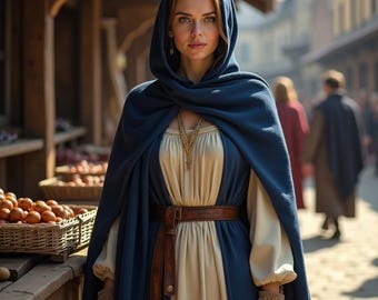 Medieval Hooded Cloak Dress | Renaissance Fair Women&#39;s Costume | Historical Blue and Cream Gown | Handcrafted Medieval Lady Outfit