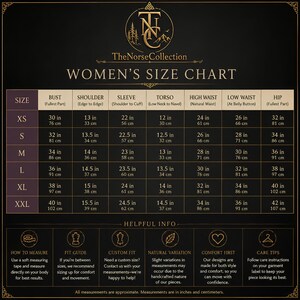May include: A black and gold size chart titled TheNorseCollection Women's Size Chart. It displays measurements in inches and centimeters for sizes XS to XXL, covering bust, shoulder, sleeve, torso, high waist, low waist, and hip. Includes helpful info.