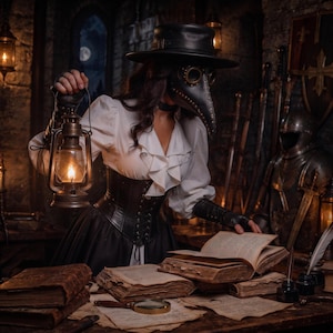 May include: A plague doctor mask with a long beak and circular lenses, worn with a wide-brimmed black hat, a white ruffled blouse, and a black corset. The figure holds a lit metal lantern over several open, aged books on a wooden table.