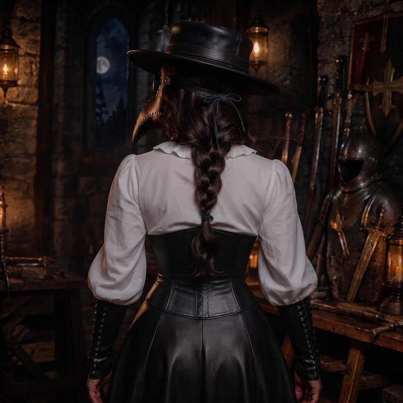 May include: A black plague doctor mask with a wide-brimmed hat, a white long-sleeved blouse with a ruffled collar, a black corset, and a black skirt. The outfit includes black arm sleeves with lace-up detailing and a braided hairstyle.