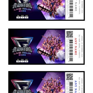May include: Three identical rectangular event tickets for the Gladiators Live Tour 2026. Each ticket features a purple background, a group of performers, a large logo, and text including Sunday 29 November 2026, M&S Bank Arena, Liverpool, and Any Name.