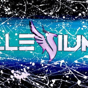 May include: Abstract artwork featuring the word "ILLENIUM" in white block letters with a stylized purple bird emblem. The background transitions from teal to dark blue, with white paint splatters.
