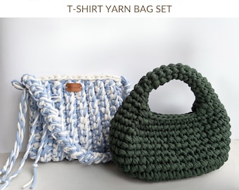 2-in-1 T-shirtgaren gehaakte taspatroonset - pdf-patroon voor handgemaakte schoudertas en minihandtas, eenvoudige haakpatronen, digitale download