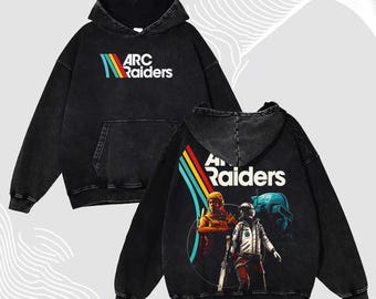 Vintage Washed Sci-Fi Raiders Hoodie, Retro Futuristic Shooter Graphic Hoodie, Post-Apocalyptic Co-Op Gamer Sweatshirt